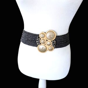 VTG Womens Black Gold Stretch Belt 30-33 in‎ 70s Retro Buckle